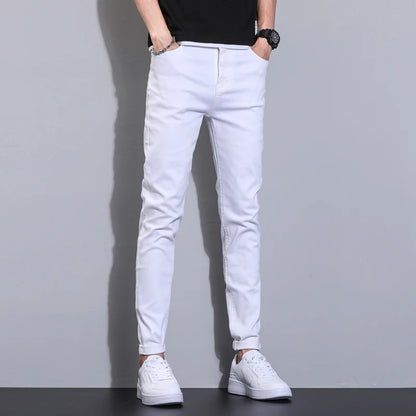 Summer men's pure white jeans high-end comfortable slim fit denim pants versatile micro elastic straight leg casual pants