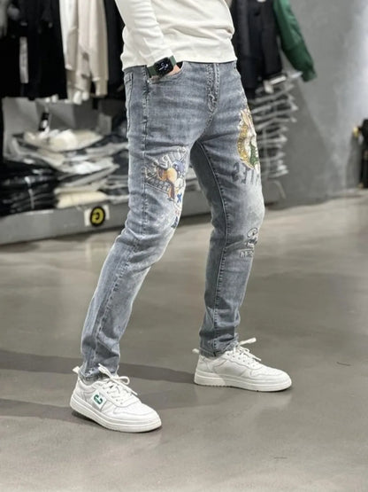 Spring Designer Clothes Casual Men's Denim Jeans with Rabbit Print Slim Fit Light Blue Tight Jeans Korean Jeans Men's Luxury New
