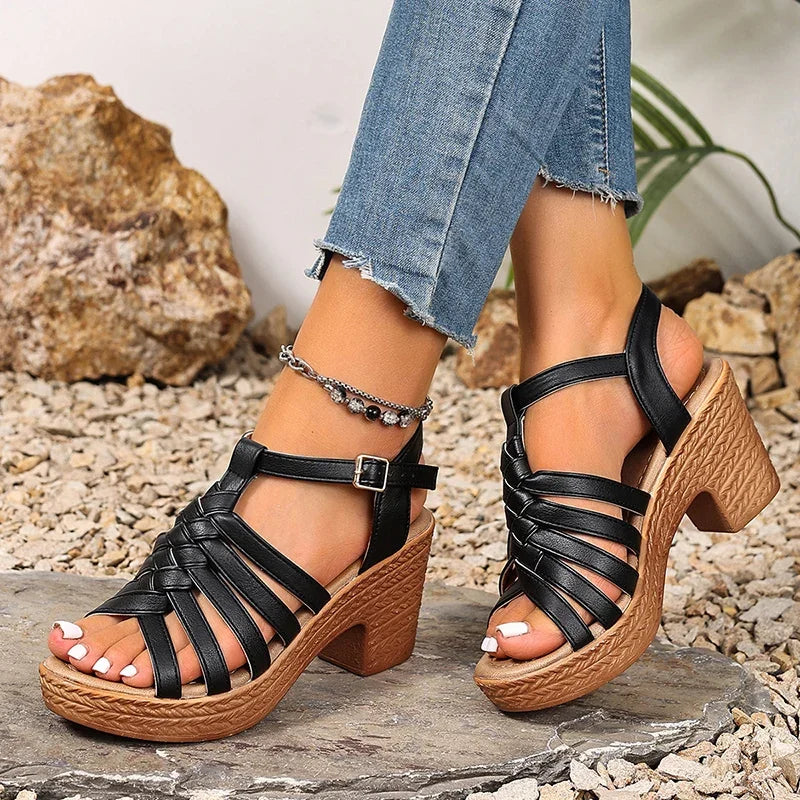 Fashion Woven Straps Chunky Heel Sandals Women Summer Ankle Buckle High Heeled Rome Shoes Woman Open Toe Platform Sandles 36-42