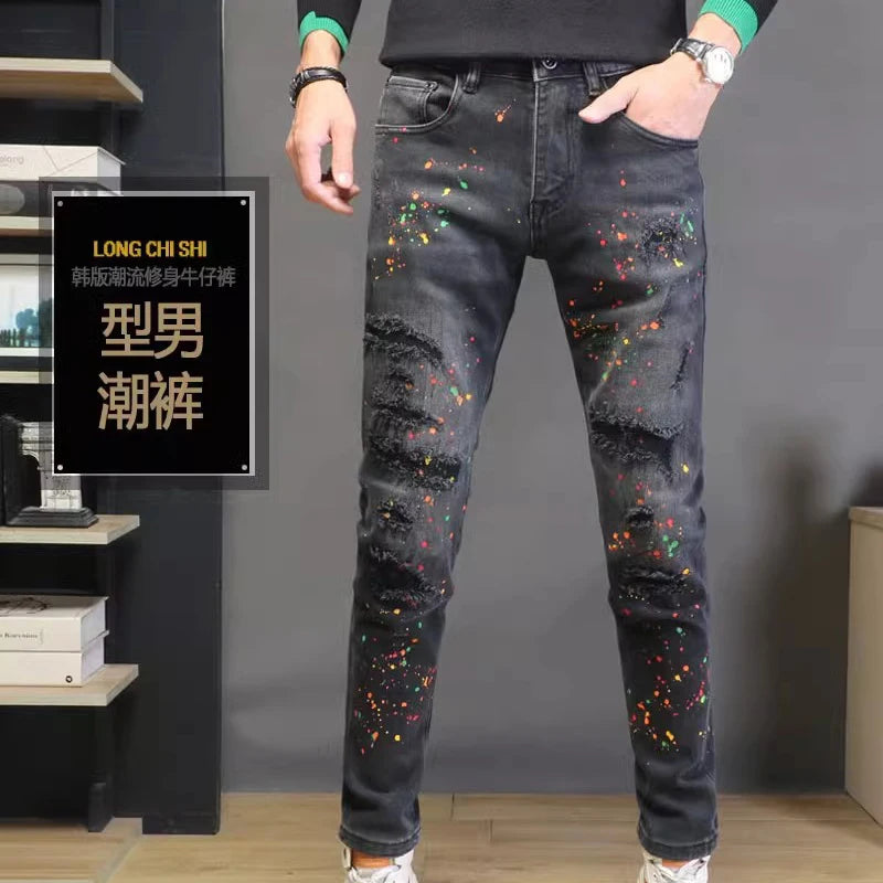 New High Quality Men's Clothing Casual Slim Pencil Pants Distressed Paint Patch Color Ink Graffiti Designer Long Jeans Trousers