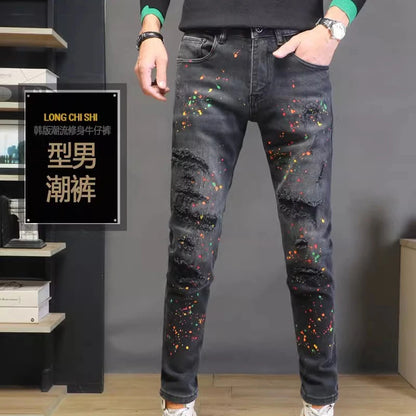 New High Quality Men's Clothing Casual Slim Pencil Pants Distressed Paint Patch Color Ink Graffiti Designer Long Jeans Trousers