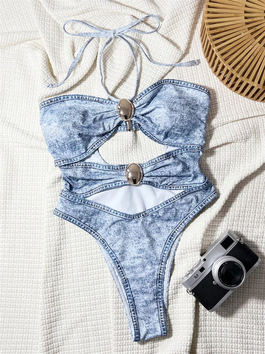 Sexy Hollow Out Twist Bikini Denim Print Halter String Bandeau Swimsuit High Cut Swimwear Women Trend Bathing Suit Beach Biquini