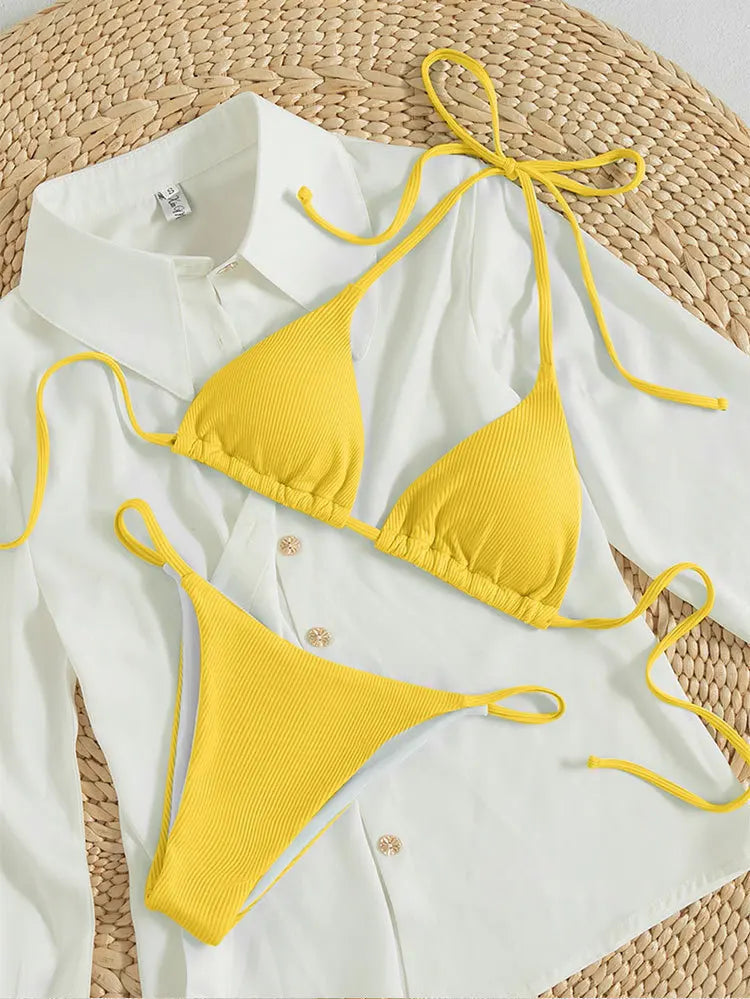 Special Pit Stripe Fabric Bikini Set Women Sexy Simple Solid Halter Bikini Swimsuit High Waisted Lace Up Beach Bathing Suit