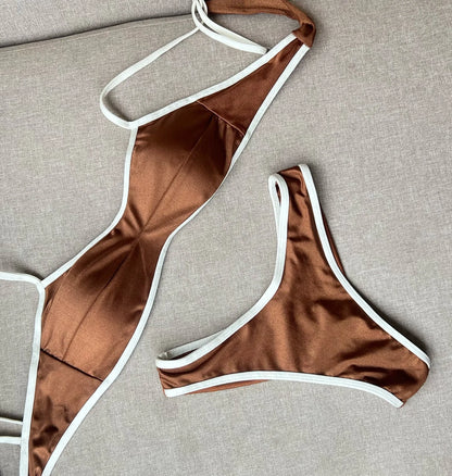 Bikini Women Swimsuit Female Swimwear Bandeau Thong Bathing Suit Shiny Swimming Suits Halter Bodysuit Beachwear