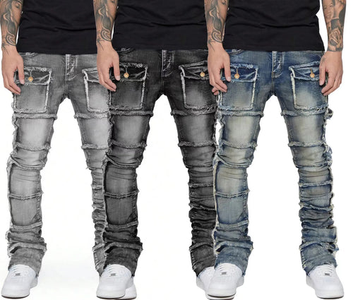 2025 New Men Ripped Stacked Jeans Distressed Slim Fit Skinny Straight Leg Jeans Fashion Hip Hop Denim Pants Casual Streetwear