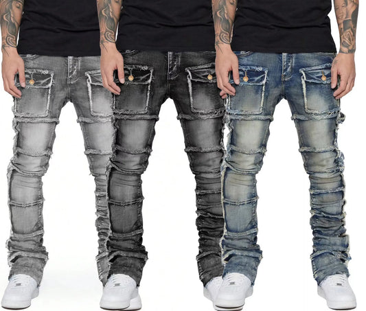 2025 New Men Ripped Stacked Jeans Distressed Slim Fit Skinny Straight Leg Jeans Fashion Hip Hop Denim Pants Casual Streetwear