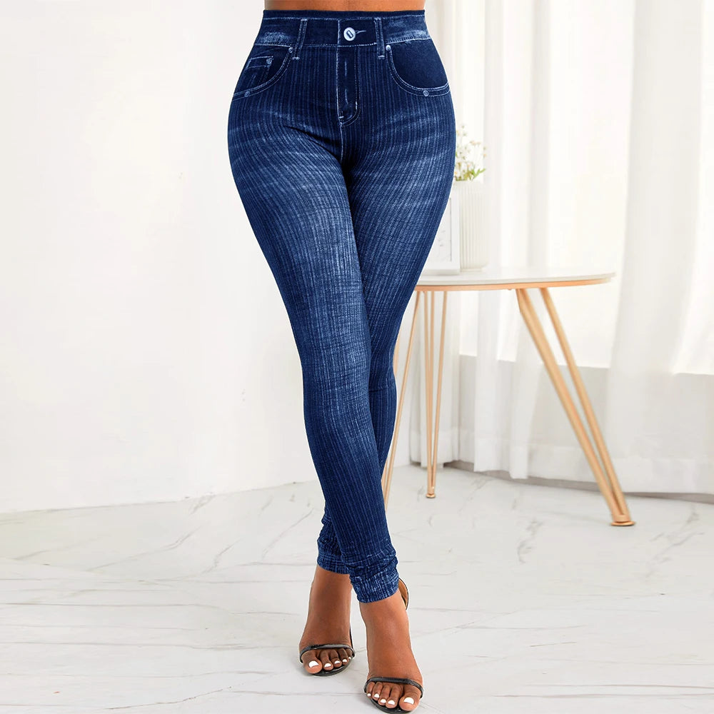 M XXL Faux Denim Leggings Women Clothing Summer High Waist Jeans Oversized Basics Pants Female Casual Slim Trousers