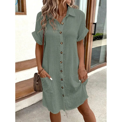 Summer Simple V-neck Button Up Dress Woman Cotton Linen White Short Sleeved Pocket Casual Solid Loose Shirt Mini Dress 2025
