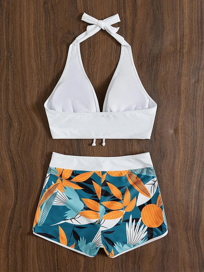 Halter Bikini Set Short Swimsuit Women High Waist Swimwear Female Printed Bathers Swimming Bathing Swim Suit Beachwear