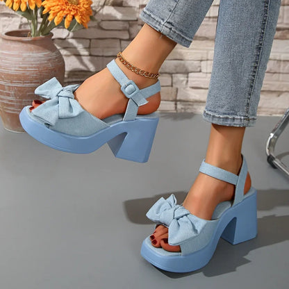 New Summer Comfortable and Elegant Casual Banquet High Heel Sandals Fashionable Temperament Bow Thick Heeled Women's Shoes