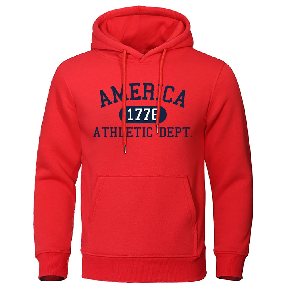 America 1776 Athletic Dept Letter Print Mans Hoodies Pocket O-Neck Sweatshirt Autumn Soft Sweatshirt Casual Loose Man Clothing