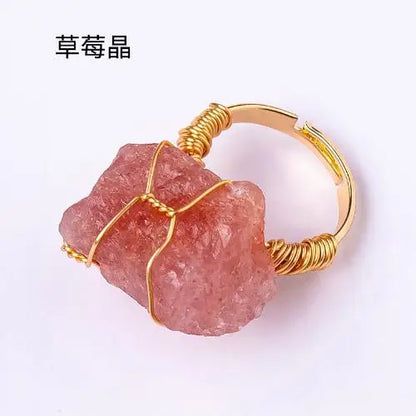 10-20mm Amethyst Rose Quartz Fluorite Natural Stone Irregular Gem Mineral Ring Jewelry Adjustable Hand Woven Ring