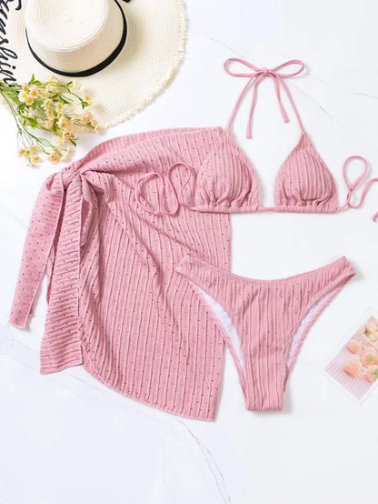 Summer Halter Bikini 3 Pieces Women Special Material Sexy Thong Swimwear With Sarong Skirt White/Black/Pink/Green Beachwear