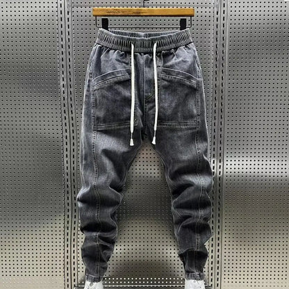 Spring Autumn Men Jeans Elastic Drawstring Waist Pockets Design Denim Pants Solid Color Casual Cargo Harem Trousers