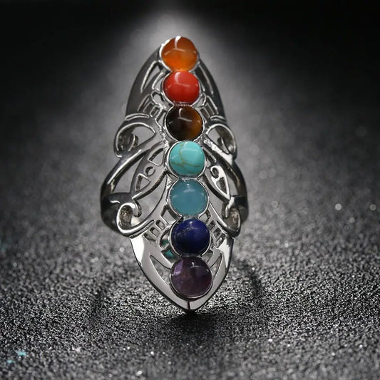 7 Chakra Stone Bead Finger Rings Silver Plated Hollow Flower Adjustable Ring Reiki Balance Meditation Healing Gem Ring Jewelry