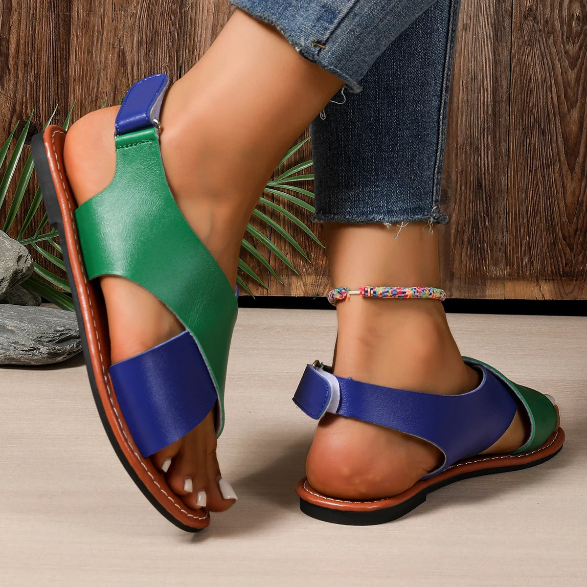 Women's Sandals 2025 Summer Women Color Block Flat Shoes Soft Pu Leather Sandalias De Mujer Summer Sandals Women Beach Footwear