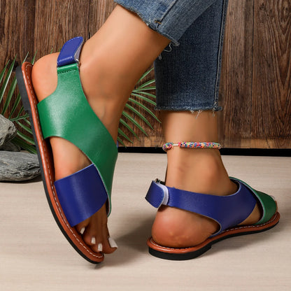 Women's Sandals 2025 Summer Women Color Block Flat Shoes Soft Pu Leather Sandalias De Mujer Summer Sandals Women Beach Footwear