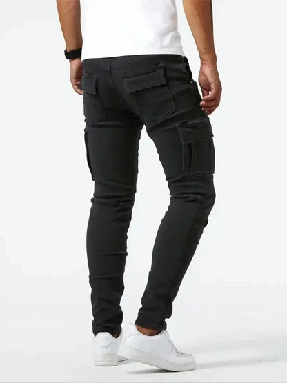 2025 Street Elastic Jeans Men Denim Cargo Pants Wash Solid Color Multi Pockets Casual Mid Waist Trousers Slim Daily Wear Joggers