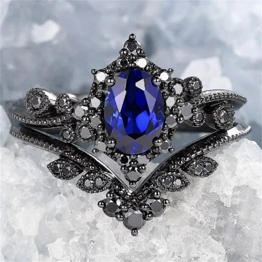 2Pcs/Set Fashion Black Gold Color Blue Rhinestone Zircon Rings For Women Full Crystal Rings Wedding Engagement Jewelry Gifts