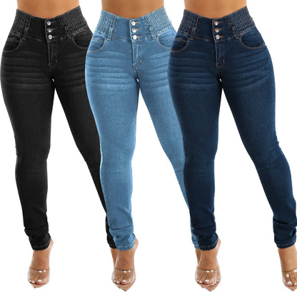 Jeans Pencil Pants Women 2025 Skinny Trousers High Waist Strecth Washed Distressed Pockets Buttons Vintage Denims Streetwear