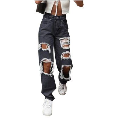 Women High Quality Washed Ripped Straight Leg Jeans, Spring New Street Personality Fashion Comfortable High Waist Wide Leg Pants