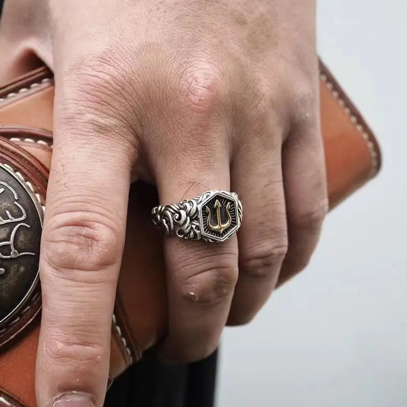 Retro Poseidon Golden Trident Ring For Men Punk Gothic Rock Hiphop Open Ring Handmade Unisex Jewelry Bikers Accessories Man Gift