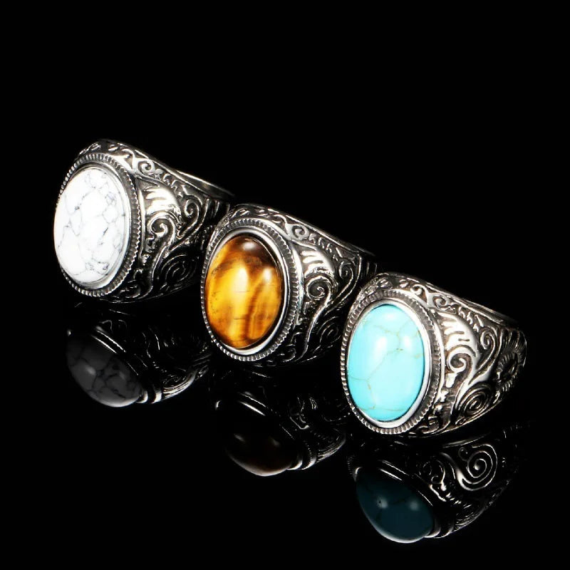 HNSP 316L Stainless Steel Natural Stone Ring For Men Vintage Jewelry Tiger Eyes Stone Rings Male Finger Accessory