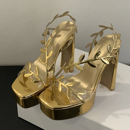Liyke Summer Fashion Patent Leather Gold Leaf Women Sandals Elegant Square Toe Platform High Heels Wedding Banquet Shoes Size 42
