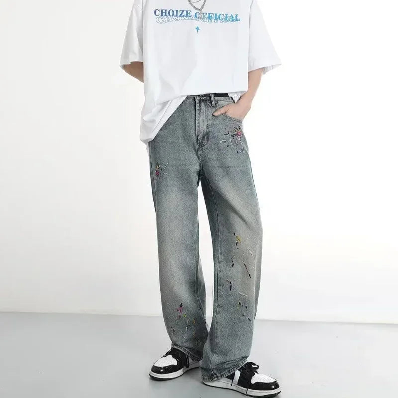 2024 New Men's Graffiti Embroidered Baggy Jeans Retro Straight-leg Denim Trousers High Street Distressed Y2K Jean pantalones