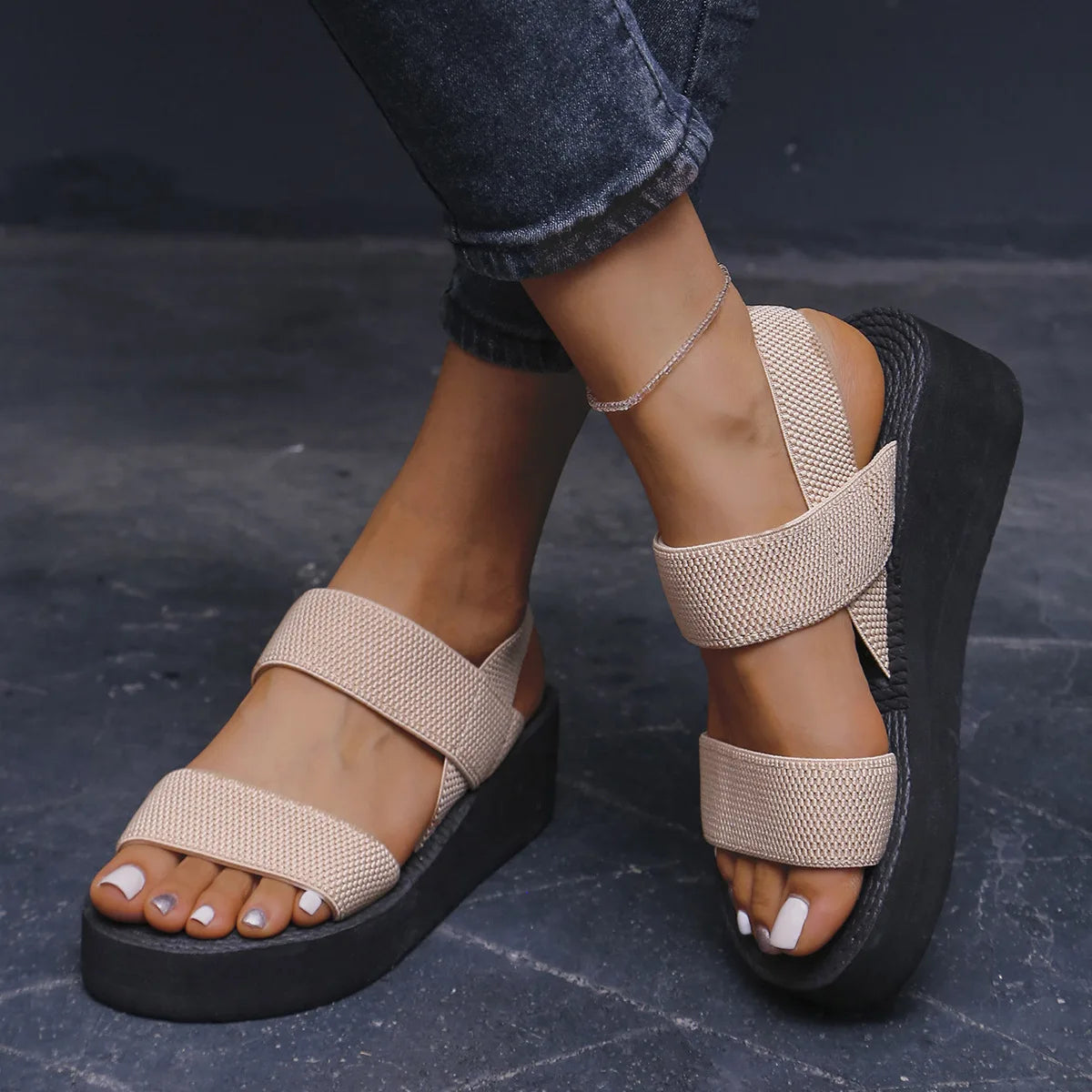 1pair Women's Minimalist Wedge Sandals Open Toe Thick Soled Platform Casual Sandals Ankle Strap Slingback Sandalias Solid Color