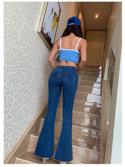 Street Trend Sexy Hip Lift Skinny Micro-flared Jeans, New Spring Slim Water Washing High-waisted Denim Long Trousers for Women