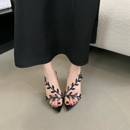 Summer Ladies Silver Heels Fashion Pointed Toe Leaves Party Wedding Gold Heeled Sandals Women
