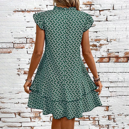 Dress 2024 No rules print design summer casual slim-fit lotus sleeve fashion women's V-neck dress army green dress standard code