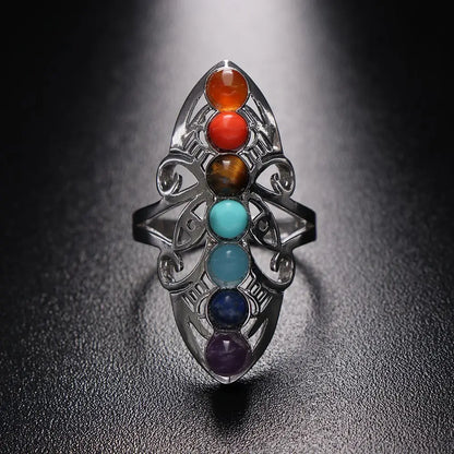 7 Chakra Stone Bead Finger Rings Silver Plated Hollow Flower Adjustable Ring Reiki Balance Meditation Healing Gem Ring Jewelry