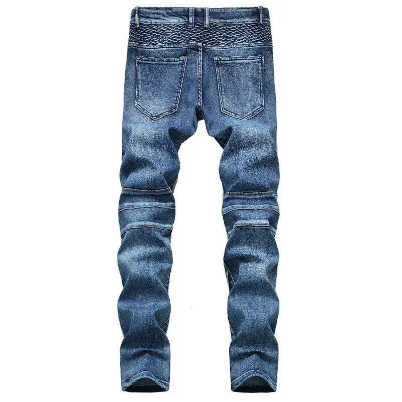 Men's New Casual Motorcycle Jeans Hip Hop Street Riding Stretch Slim Fit Straight Pants Patchwork Fashion Denim Trousers Male