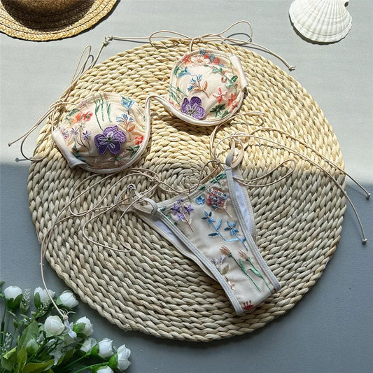 Beige Shiny Flower Embroidery Swimwear Thong Micro Push Up Bikini Set Sexy Swimsuit Women 2025 Bathing Suit String Bikinis Mujer