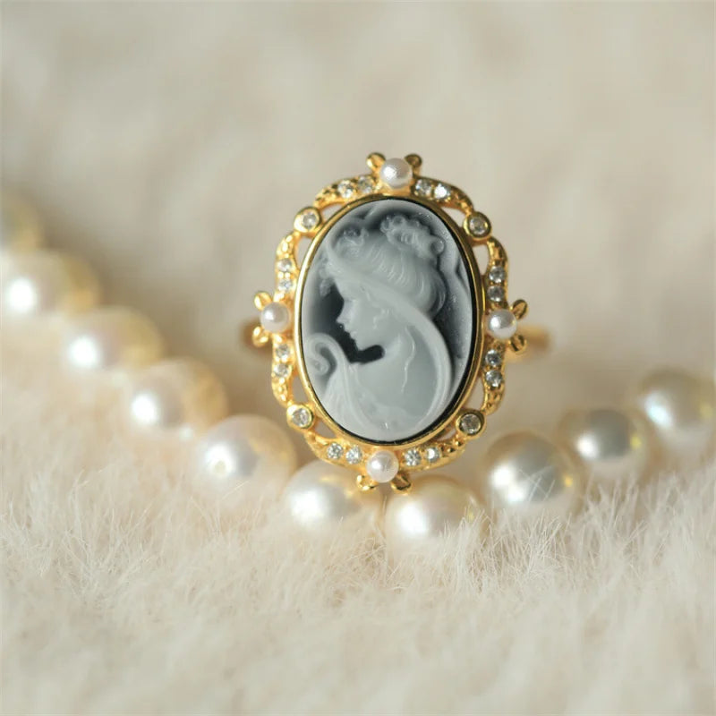 s925Silver Inlaid German Cameo Agate Relief Silver Ring Gift for Girlfriend Holiday Present