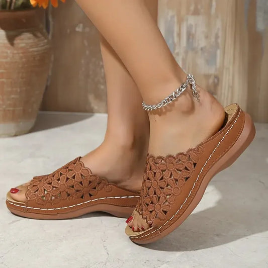 Women's Elegant Floral Comfort Sandals – Hollow-Cut Stylish Wedge Design Versatile Slides for Casual & Beach Wear