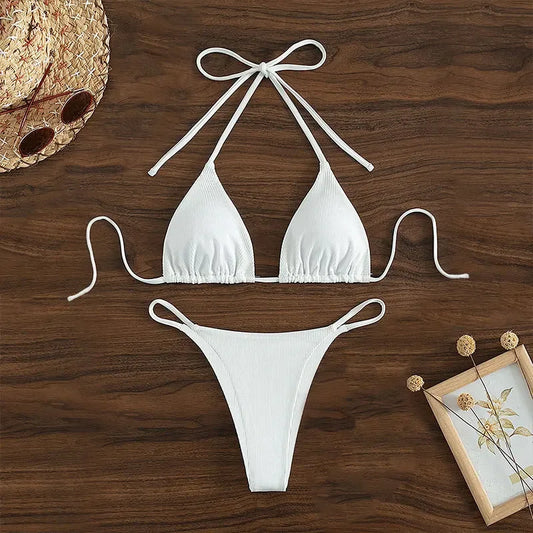 Special Pit Stripe Fabric Bikini Set Women Sexy Simple Solid Halter Bikini Swimsuit High Waisted Lace Up Beach Bathing Suit