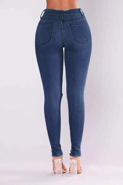 Europe and The United States New Fashion Elastic Ripped Pencil Jeans, Women's Spring and Autumn Slim-fit Small Leg Pants Jeans