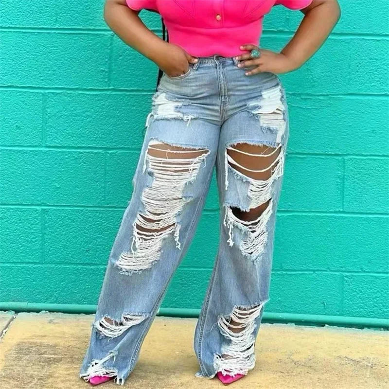 Fashion Front Back Large Holes Straight Jeans Female Casual High Waist Denim Pants Women Sexy Trend Streetwear Loose Trousers 24