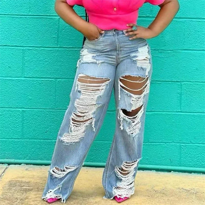 Fashion Front Back Large Holes Straight Jeans Female Casual High Waist Denim Pants Women Sexy Trend Streetwear Loose Trousers 24