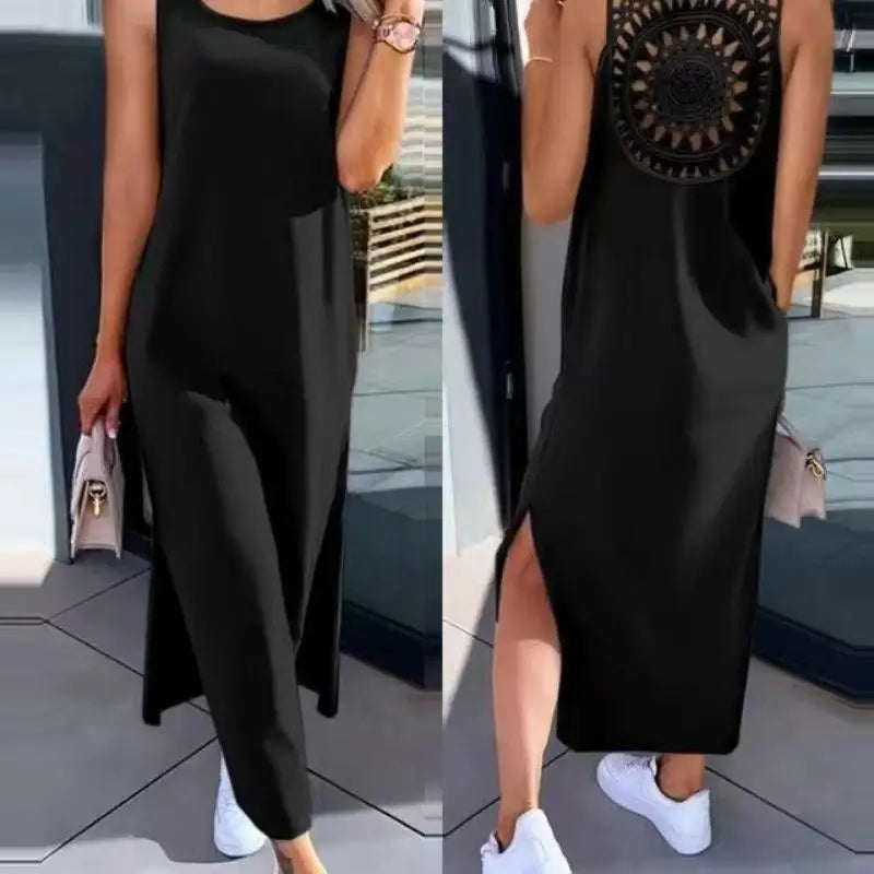 Summer Sleeveless Hollow Sexy Loose Dress Women Fashion Slit Solid Casual Dresses Women Round Neck Mid Length Slim Ladies Dress