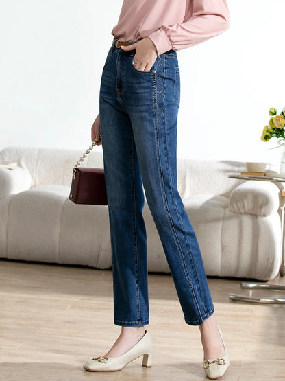 I BELIEVE YOU Autumn Jeans Women 2024 Slim Straight Slit Ankle-length Pants Denim Blue Office Lady Female Trousers 2223044693
