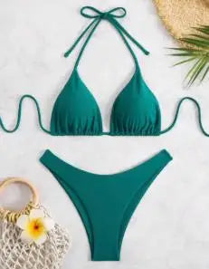 2025 Women White Bikini Chest Padded New Sexy Halter Bikini Two-Piece Set With Drawstring Straps Solid Brazilian Bathing Suit