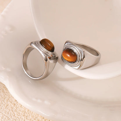 Nivora Stainless Steel Vintage Rings For Women Shiny Tiger's Eye Stone Cocktail Rings Women No Tarnish Jewelry Gifts