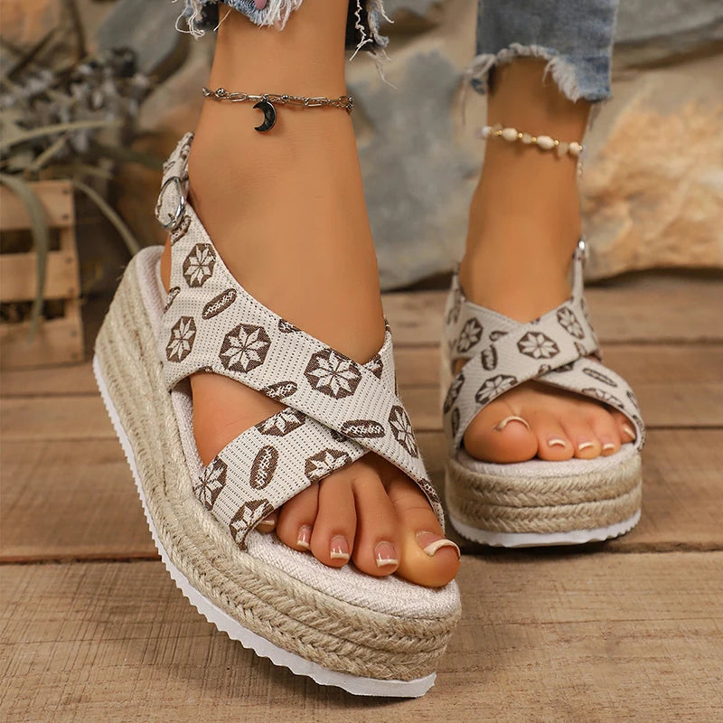 Cross Strap Espadrille Platform Sandals for Women Bohemian Floral Print Wedge Sandals Woman Summer Thick Sole Casual Beach Shoes