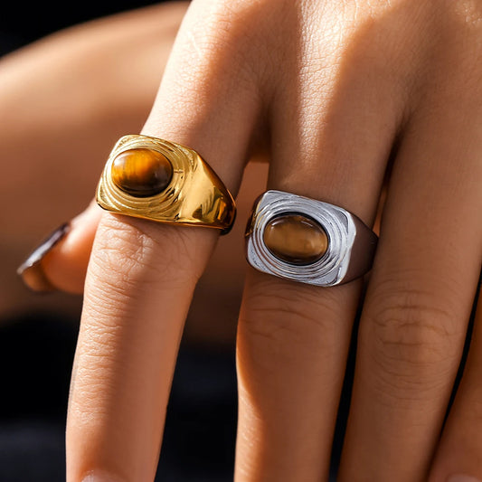 Nivora Stainless Steel Vintage Rings For Women Shiny Tiger's Eye Stone Cocktail Rings Women No Tarnish Jewelry Gifts