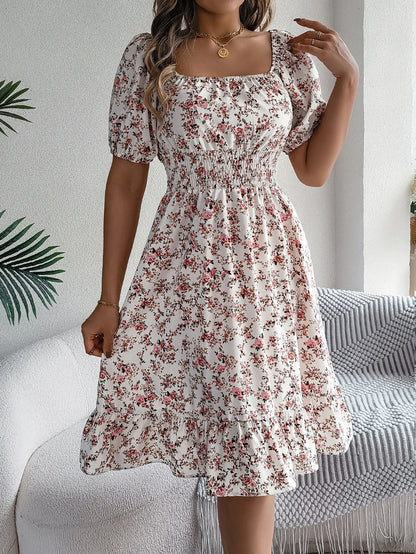 Spring and Summer Elegant Dress Floral Print Short Sleeved Square Neck Women's Ruffled Edge Dresses