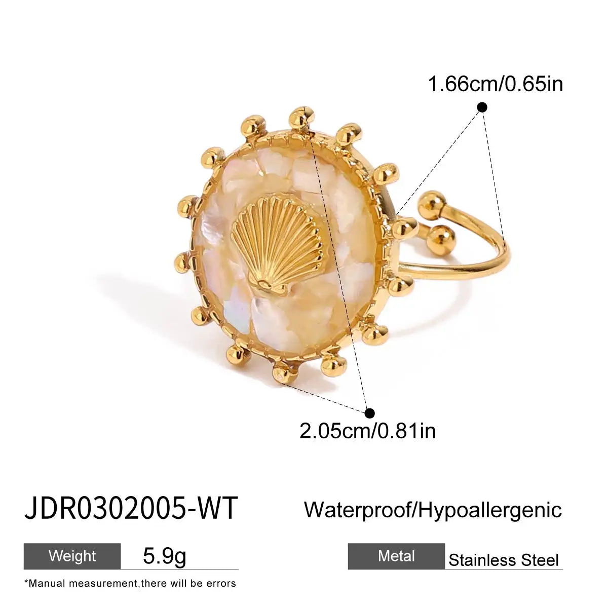 Zora Women's Boho Style Oil Drop Crushed Shell Ring 18K Gold-plated Stainless Steel Oval Starfish Open Ring waterproof Jewelry